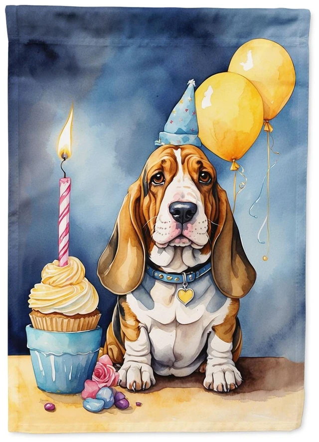 Main image of Basset Hound Happy Birthday Garden Flag Mailbox Flag Decorative Yard Flag Banner Outside Patio Artwork Yard Flower Beds, Garden