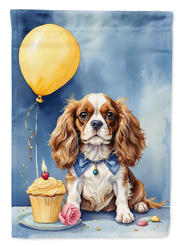 Main image of Cavalier Spaniel Happy Birthday House Flag Large Porch Sleeve Pole Decorative Outside Yard Banner Artwork Wall Hanging, Polyeste