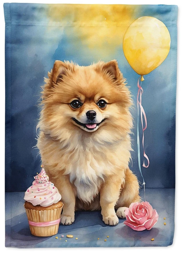 Main image of Pomeranian Happy Birthday House Flag Large Porch Sleeve Pole Decorative Outside Yard Banner Artwork Wall Hanging, Polyester, Hou