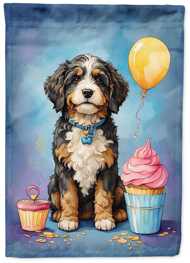 Main image of Bernedoodle Happy Birthday House Flag Large Porch Sleeve Pole Decorative Outside Yard Banner Artwork Wall Hanging, Polyester, Ho