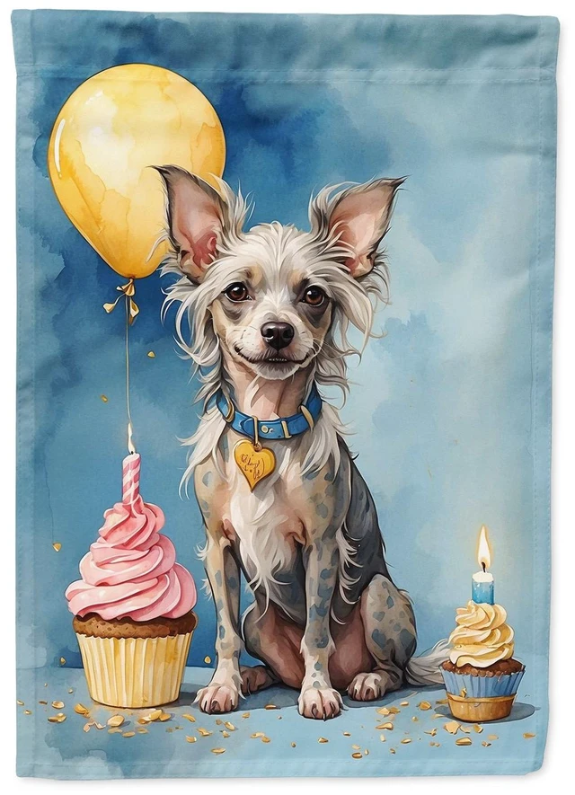 Main image of Chinese Crested Happy Birthday House Flag Large Porch Sleeve Pole Decorative Outside Yard Banner Artwork Wall Hanging, Polyester