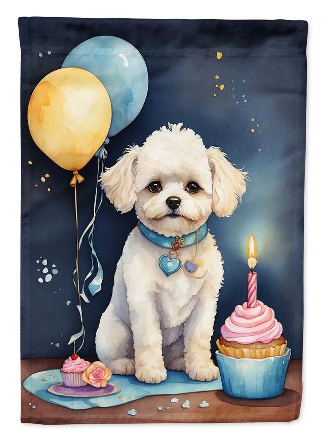 Main image of Bichon Frise Happy Birthday House Flag Large Porch Sleeve Pole Decorative Outside Yard Banner Artwork Wall Hanging, Polyester, H