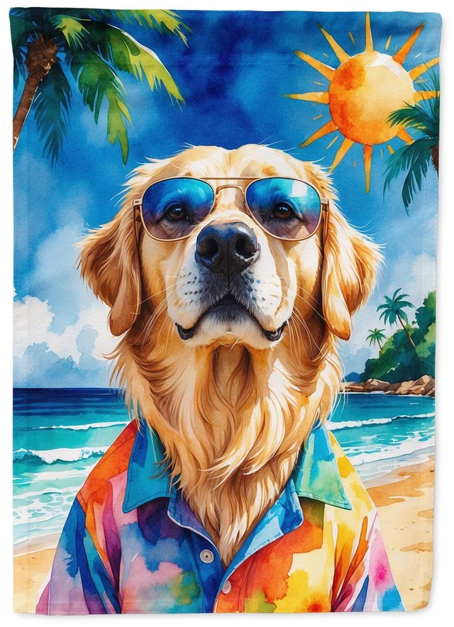 Main image of Golden Retriever Summer Beach Time House Flag Large Porch Sleeve Pole Decorative Outside Yard Banner Artwork Wall Hanging, Polye