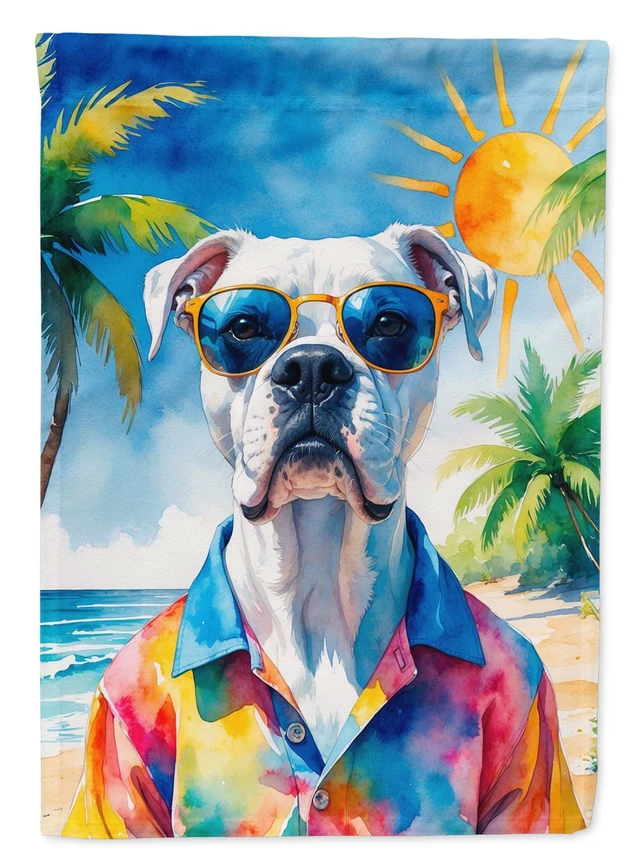 Main image of White Boxer Summer Beach Time Garden Flag Mailbox Decorative Yard Banner Outside Patio Artwork for Flower Beds, Garden Size, Mul