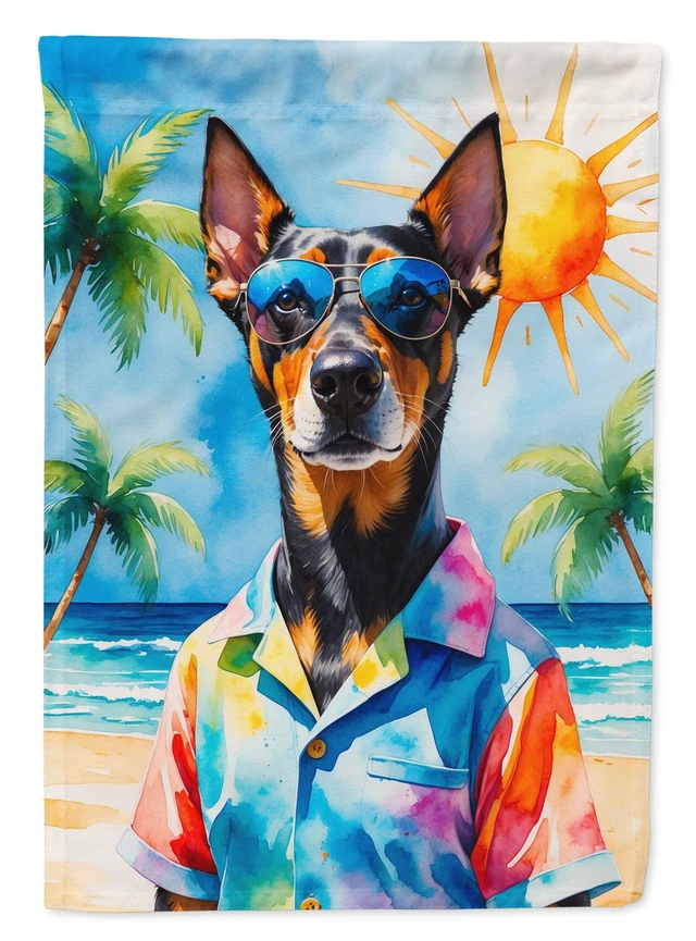 Main image of Doberman Pinscher Summer Beach Time House Flag Large Porch Sleeve Pole Decorative Outside Yard Banner Artwork Wall Hanging, Poly