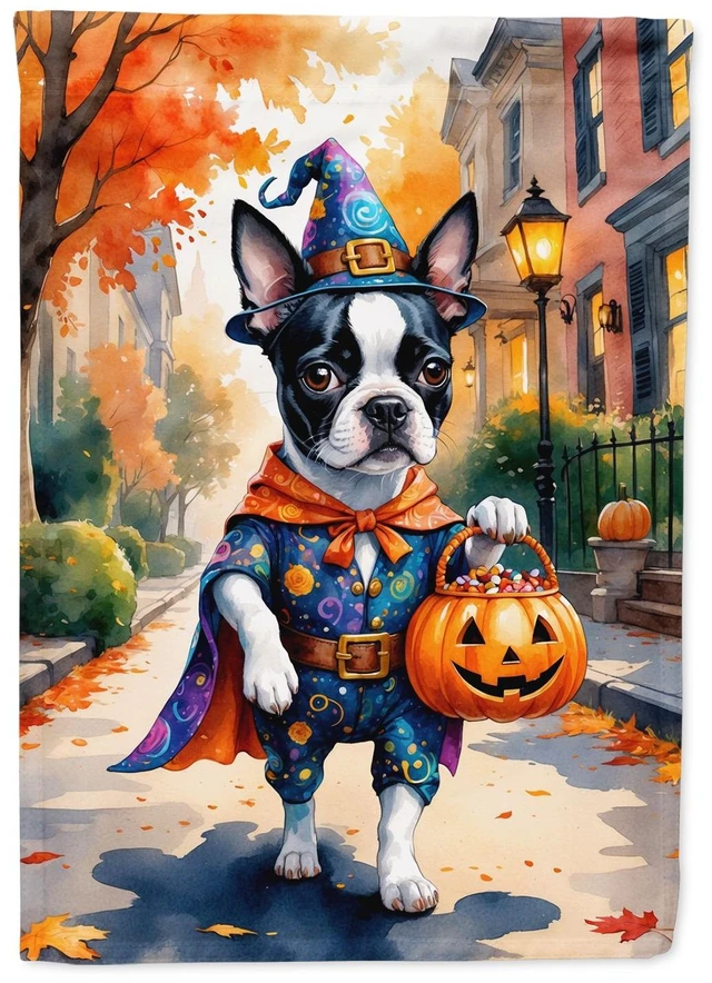 Main image of Boston Terrier Halloween Trick or Treat Garden Flag Mailbox Decorative Yard Banner Outside Patio Artwork for Flower Beds, Garden