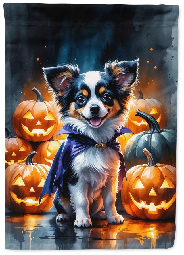 Main image of Tricolor Papillon Puppy Halloween House Flag Large Porch Sleeve Pole Decorative Outside Yard Banner Artwork Wall Hanging, Polyes