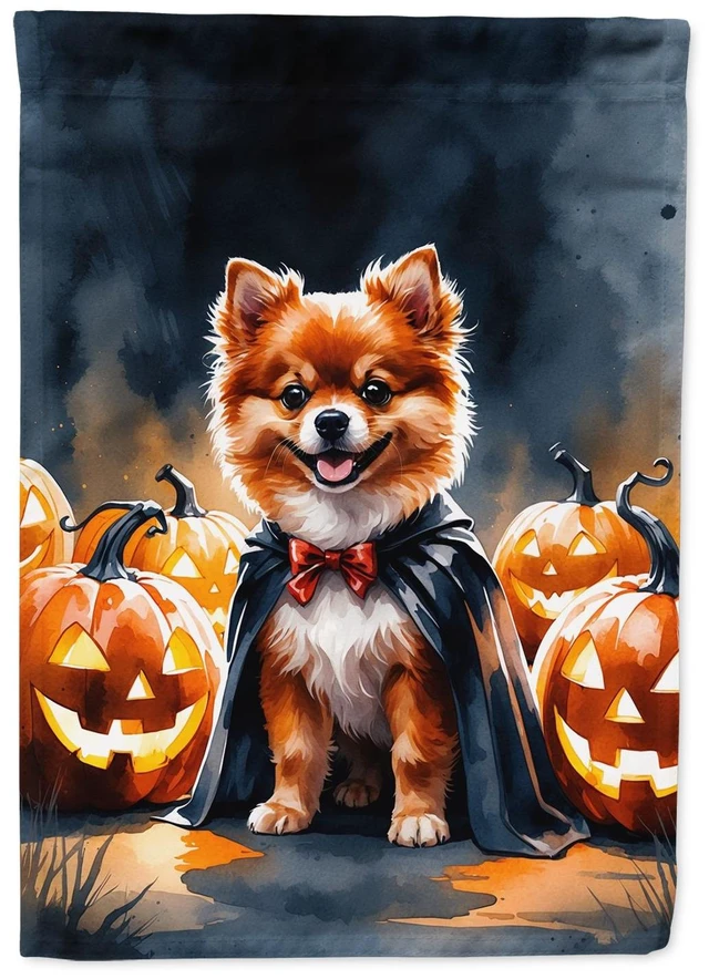 Main image of Pomeranian Puppy Halloween House Flag Large Porch Sleeve Pole Decorative Outside Yard Banner Artwork Wall Hanging, Polyester, Ho