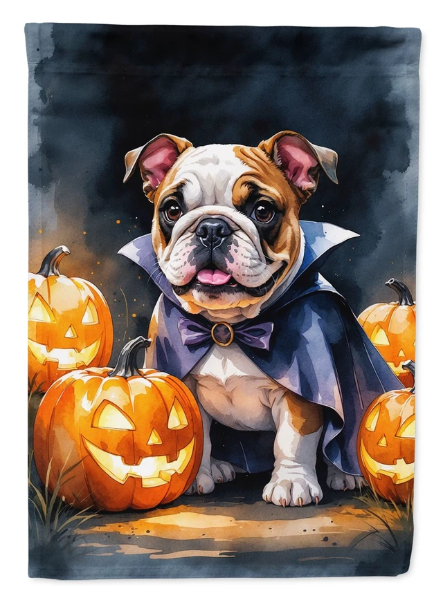 Main image of English Bulldog Puppy Halloween House Flag Large Porch Sleeve Pole Decorative Outside Yard Banner Artwork Wall Hanging, Polyeste