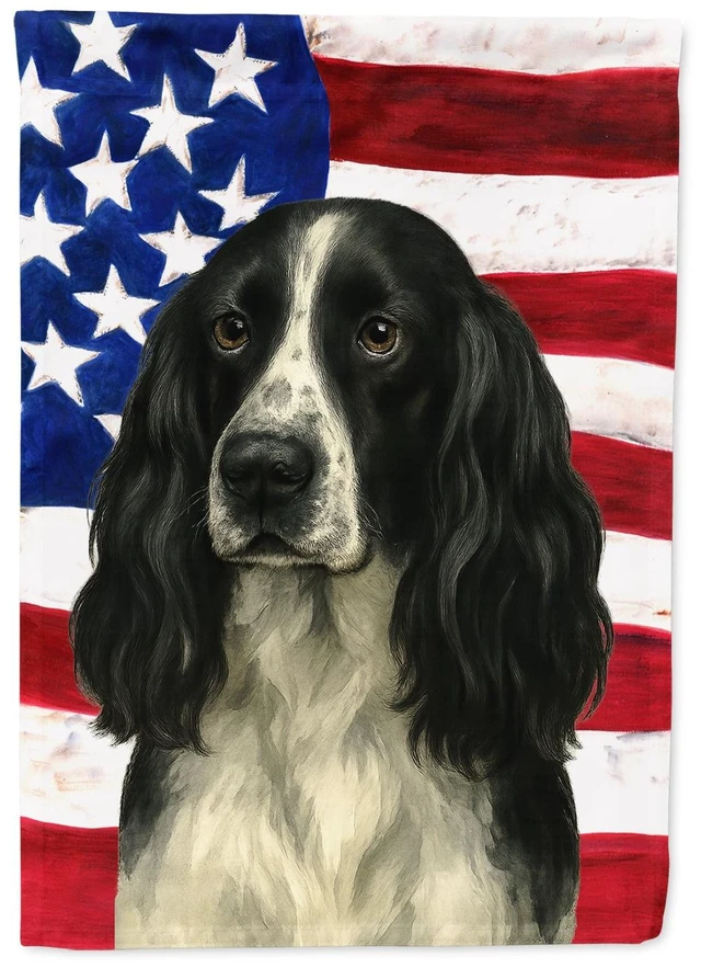 Main image of Black and White English Springer Spaniel American Flag House Flag Large Porch Sleeve Pole Decorative Outside Yard Banner Artwork