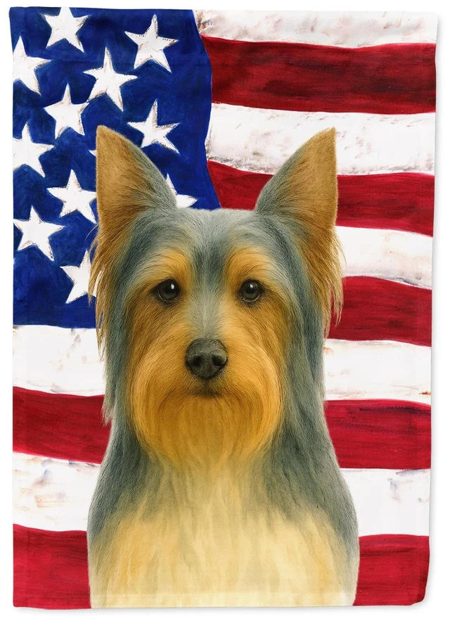Main image of Blue and Tan Silky Terrier American Flag Garden Flag Mailbox Decorative Yard Banner Outside Patio Artwork for Flower Beds, Garde