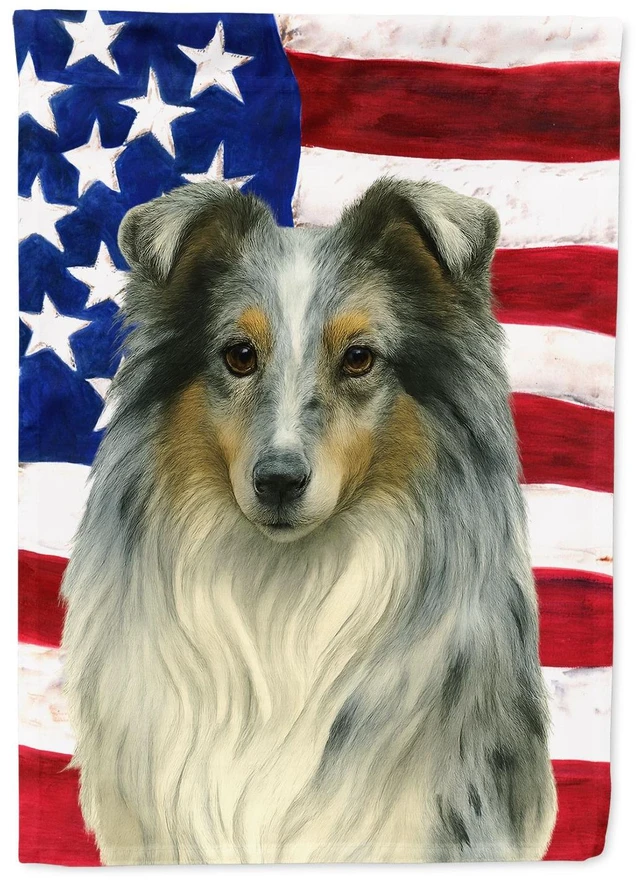 Main image of Blue Merle Collie American Flag House Flag Large Porch Sleeve Pole Decorative Outside Yard Banner Artwork Wall Hanging, Polyeste