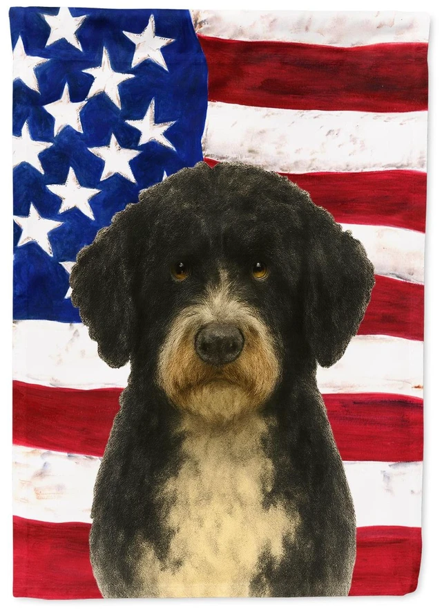 Main image of Black and White Portuguese Water Dog American Flag Garden Flag Mailbox Decorative Yard Banner Outside Patio Artwork for Flower B