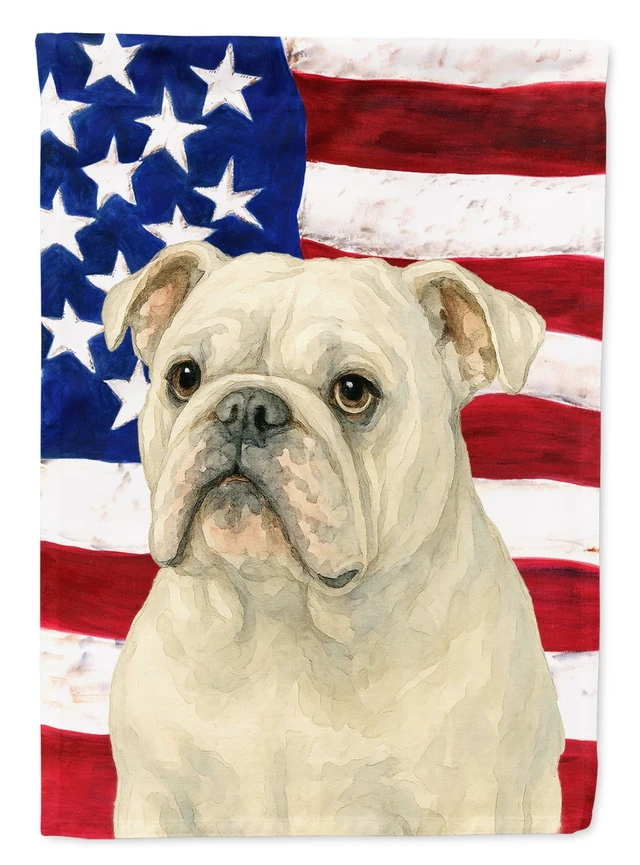 Main image of White English Bulldog American Flag House Flag Large Porch Sleeve Pole Decorative Outside Yard Banner Artwork Wall Hanging, Poly