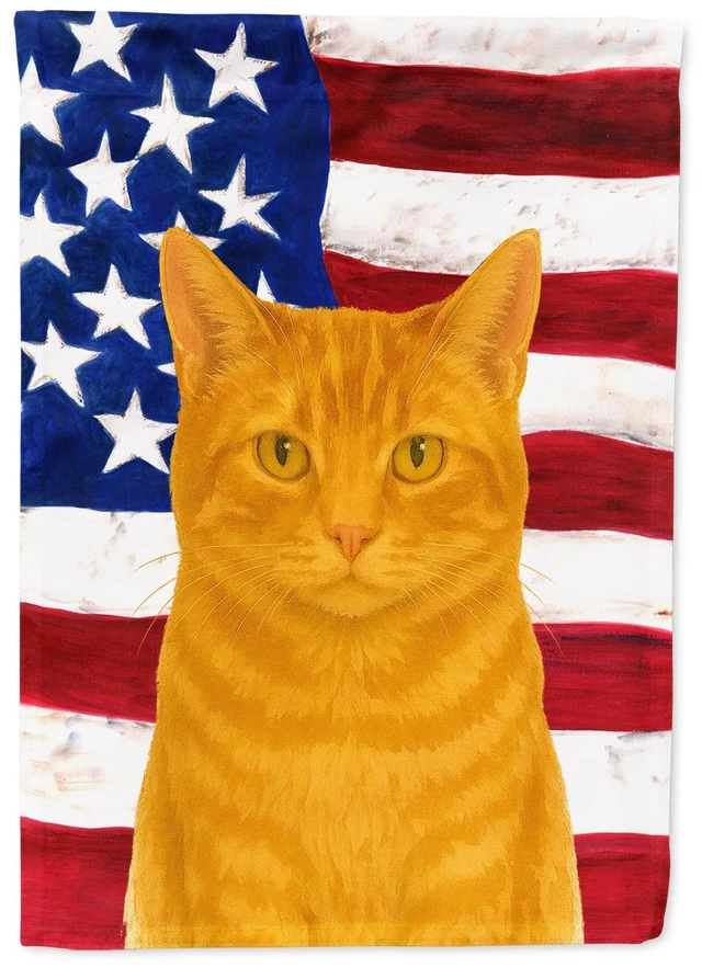 Main image of Red Cat American House Flag Large Porch Sleeve Pole Decorative Outside Yard Banner Artwork Wall Hanging, Polyester, House Size,