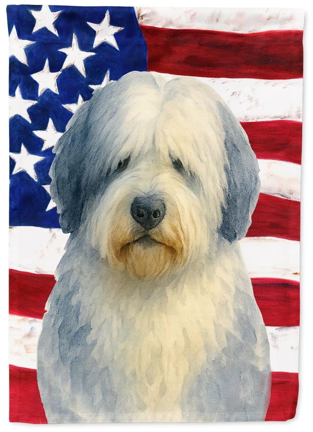 Main image of Blue and White Old English Sheepdog American Flag House Flag Large Porch Sleeve Pole Decorative Outside Yard Banner Artwork Wall