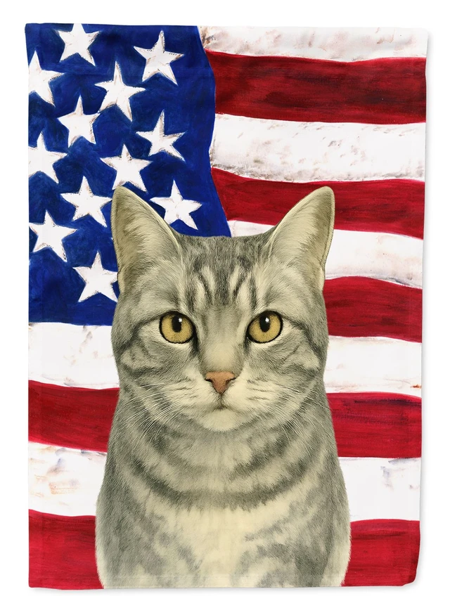 Main image of Silver Classic Tabby Cat American House Flag Large Porch Sleeve Pole Decorative Outside Yard Banner Artwork Wall Hanging, Polyes