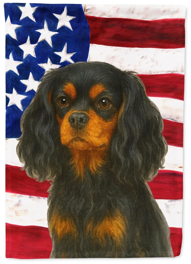 Main image of Black and Tan Cavalier Spaniel American Flag House Flag Large Porch Sleeve Pole Decorative Outside Yard Banner Artwork Wall Hang