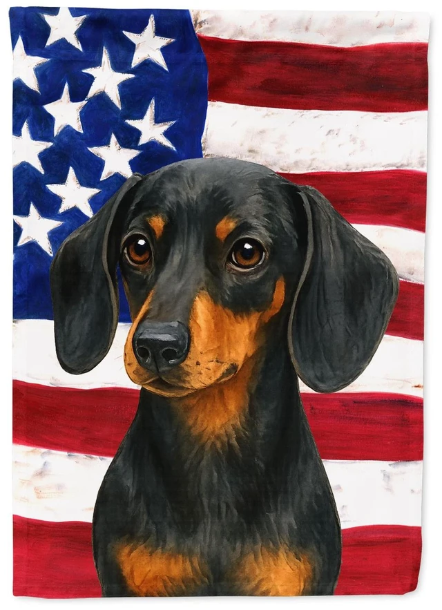 Main image of Black and Tan Dachshund American Flag House Flag Large Porch Sleeve Pole Decorative Outside Yard Banner Artwork Wall Hanging, Po