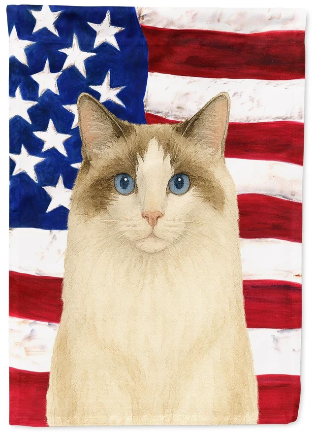 Main image of Ragdoll Bicolor Cat American House Flag Large Porch Sleeve Pole Decorative Outside Yard Banner Artwork Wall Hanging, Polyester,