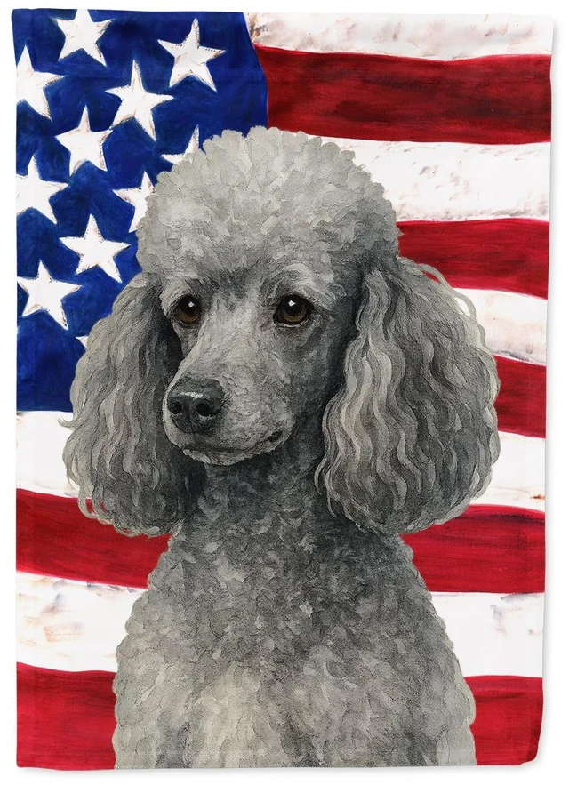 Main image of Silver Miniature Poodle American Flag House Flag Large Porch Sleeve Pole Decorative Outside Yard Banner Artwork Wall Hanging, Po