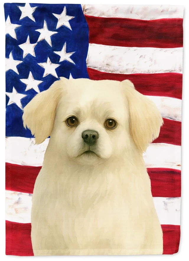 Main image of White Tibetan Spaniel American Flag House Flag Large Porch Sleeve Pole Decorative Outside Yard Banner Artwork Wall Hanging, Poly