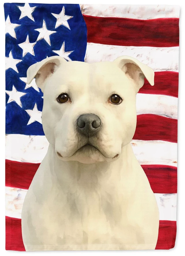 Main image of White Staffordshire Bull Terrier American Flag House Flag Large Porch Sleeve Pole Decorative Outside Yard Banner Artwork Wall Ha