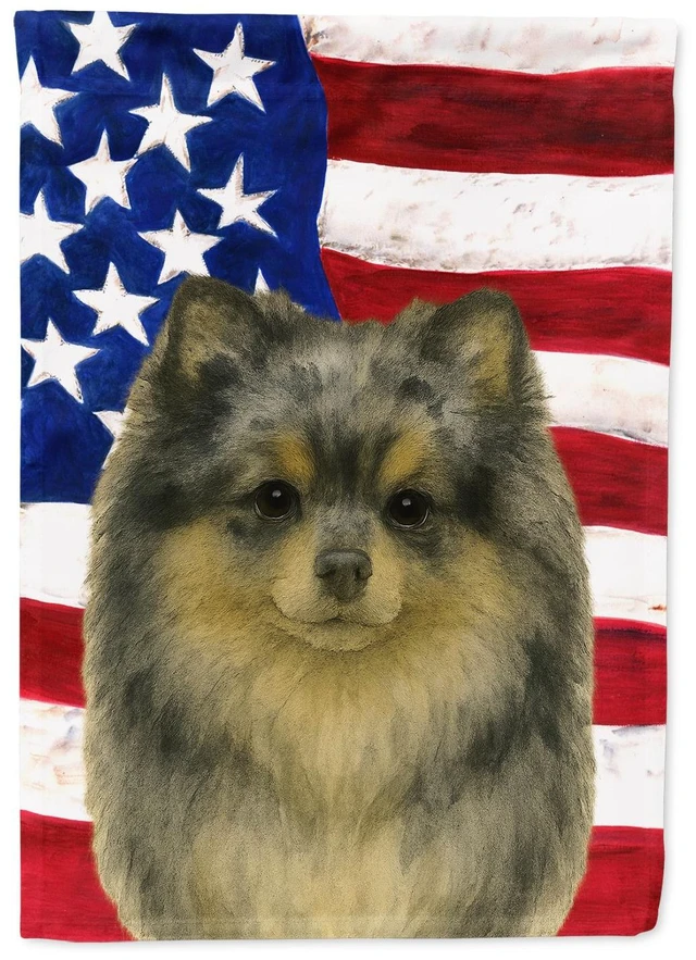 Main image of Blue Merle Pomeranian American Flag House Flag Large Porch Sleeve Pole Decorative Outside Yard Banner Artwork Wall Hanging, Poly