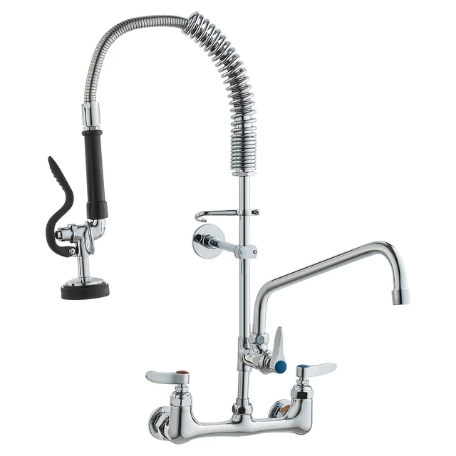 Alt view image 16 of 16 - Wall-Mounted Kitchen Faucet, 25" Tall, 8" Center Distance, 12" Rotatable Spout, Includes Pre-Rinse Spray, Brass Build, Pull-Down Feature, Suitable for Multi-Compartment Sinks