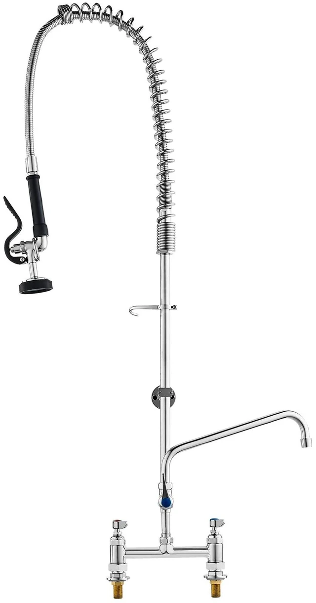 Alt view image 16 of 16 - Industrial Sink Faucet, 44" Tall, 8" Install Space, 12" Rotating Spout, Surface Mount, Brass-Made with Extendable Sprayer, Suitable for Single/Triple Basin