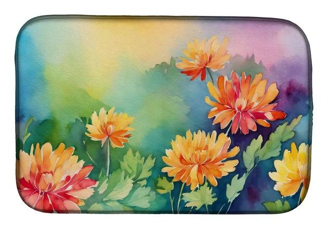 Main image of Chrysanthemums in Watercolor Dish Drying Mat Absorbent Dish Drying Mat Pad for Kitchen Counter Dish Drainer Mat for Countertop,