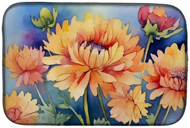 Main image of Chrysanthemums in Watercolor Dish Drying Mat Absorbent Dish Drying Mat Pad for Kitchen Counter Dish Drainer Mat for Countertop,