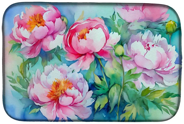 Main image of Peonies in Watercolor Dish Drying Mat Absorbent Dish Drying Mat Pad for Kitchen Counter Dish Drainer Mat for Countertop, 14 x 21