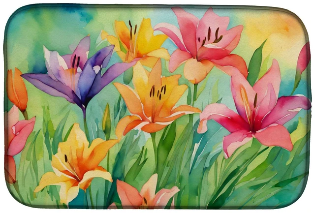 Main image of Lilies in Watercolor Dish Drying Mat Absorbent Dish Drying Mat Pad for Kitchen Counter Dish Drainer Mat for Countertop, 14 x 21"