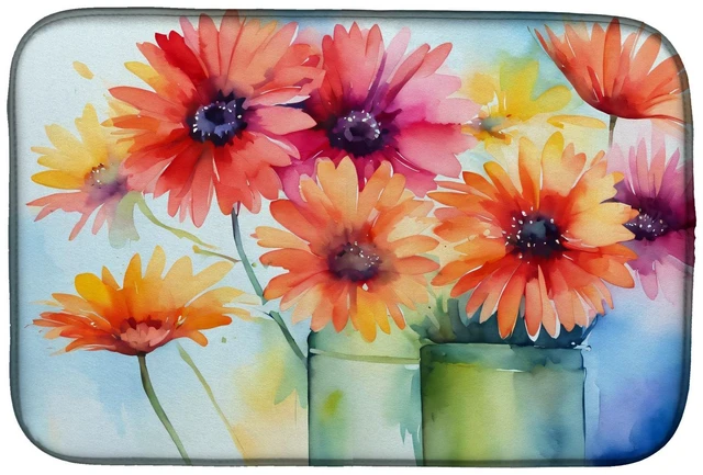 Main image of Gerbera Daisies in Watercolor Dish Drying Mat Absorbent Dish Drying Mat Pad for Kitchen Counter Dish Drainer Mat for Countertop,