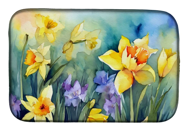 Main image of Daffodils in Watercolor Dish Drying Mat Absorbent Dish Drying Mat Pad for Kitchen Counter Dish Drainer Mat for Countertop, 14 x