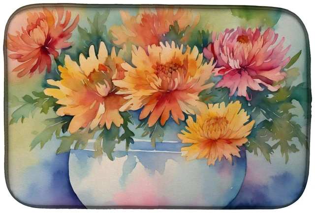 Main image of Chrysanthemums in Watercolor Dish Drying Mat Absorbent Dish Drying Mat Pad for Kitchen Counter Dish Drainer Mat for Countertop,