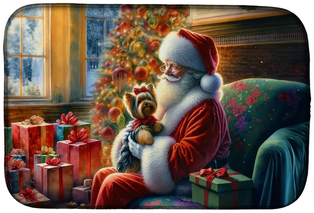 Main image of Yorkshire Terrier Yorkie and Santa Claus Dish Drying Mat Absorbent Dish Drying Mat Pad for Kitchen Counter Dish Drainer Mat for