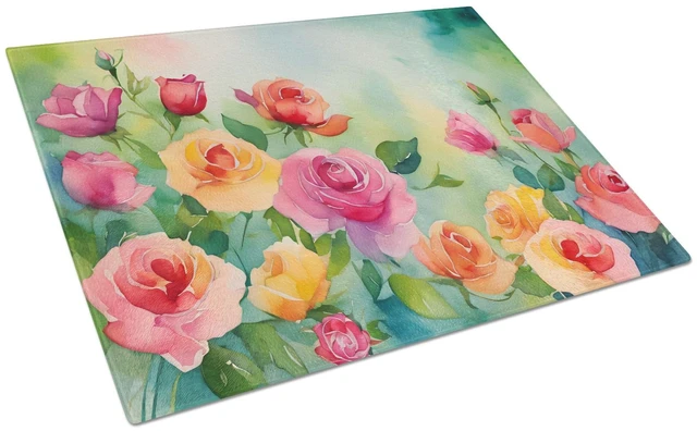 Main image of NEW Roses in Watercolor Glass Cutting Board Decorative Tempered Glass Kitchen Cutting and Serving Board Large Size Chopping Boar