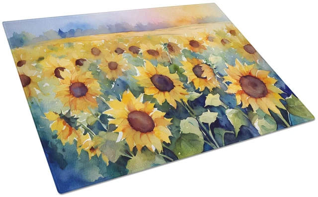 Main image of NEW Sunflowers in Watercolor Glass Cutting Board Decorative Tempered Glass Kitchen Cutting and Serving Board Large Size Chopping