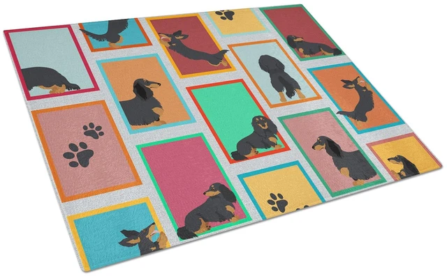 Main image of NEW Lots of Longhaired Black Tan Dachshund Glass Cutting Board Decorative Tempered Glass Kitchen Cutting and Serving Board Large