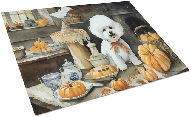 Main image of NEW Bichon Frise Fall Kitchen Pumpkins Glass Cutting Board Decorative Tempered Glass Kitchen Cutting and Serving Board Large Siz
