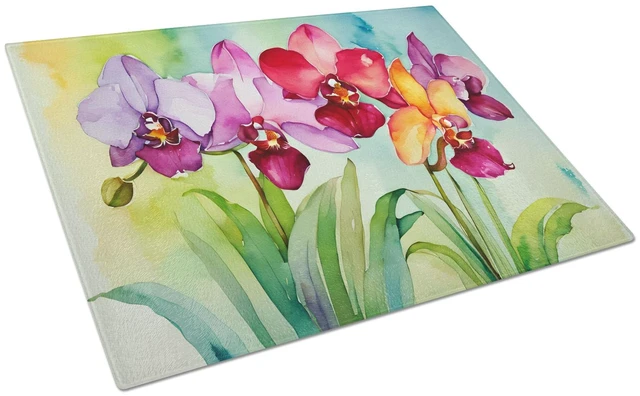 Main image of NEW Orchids in Watercolor Glass Cutting Board Decorative Tempered Glass Kitchen Cutting and Serving Board Large Size Chopping Bo