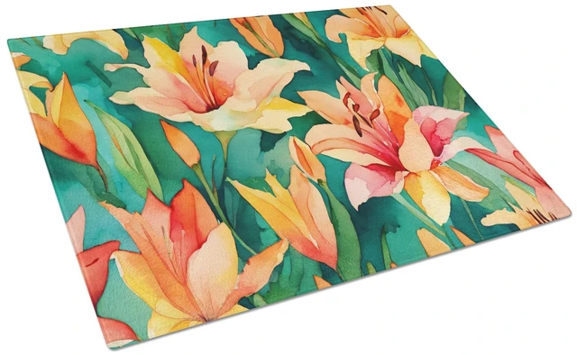 Main image of NEW Lilies in Watercolor Glass Cutting Board Decorative Tempered Glass Kitchen Cutting and Serving Board Large Size Chopping Boa