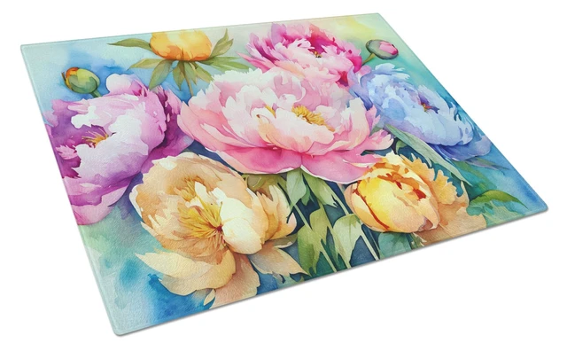 Main image of NEW Peonies in Watercolor Glass Cutting Board Decorative Tempered Glass Kitchen Cutting and Serving Board Large Size Chopping Bo
