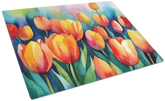 Main image of NEW Tulips in Watercolor Glass Cutting Board Decorative Tempered Glass Kitchen Cutting and Serving Board Large Size Chopping Boa