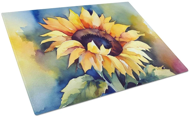 Main image of NEW Sunflowers in Watercolor Glass Cutting Board Decorative Tempered Glass Kitchen Cutting and Serving Board Large Size Chopping