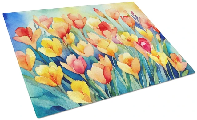 Main image of NEW Freesias in Watercolor Glass Cutting Board Decorative Tempered Glass Kitchen Cutting and Serving Board Large Size Chopping B
