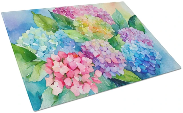 Main image of NEW Hydrangeas in Watercolor Glass Cutting Board Decorative Tempered Glass Kitchen Cutting and Serving Board Large Size Chopping