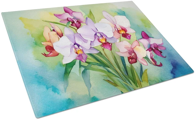 Main image of NEW Orchids in Watercolor Glass Cutting Board Decorative Tempered Glass Kitchen Cutting and Serving Board Large Size Chopping Bo